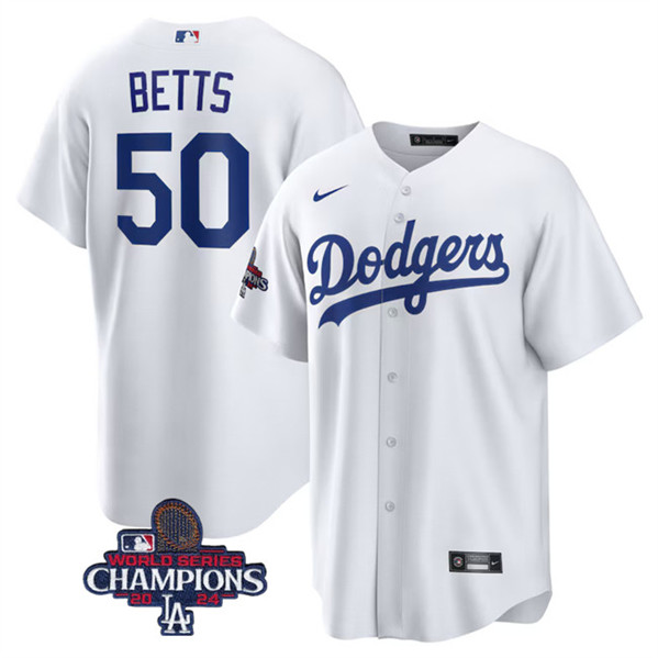 Los Angeles Dodgers #50 Mookie Betts White 2024 World Series Champions Home Stitched Jersey